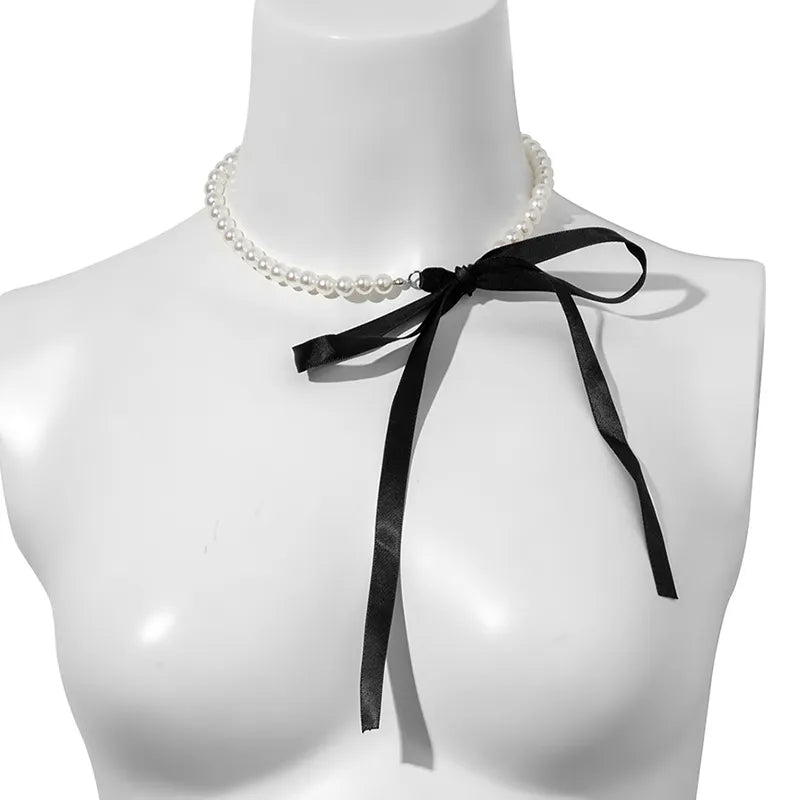 Long Black Ribbon Choker Necklace