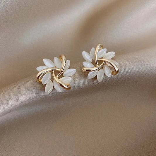 Opal Petal Circle Stud Earrings For Woman