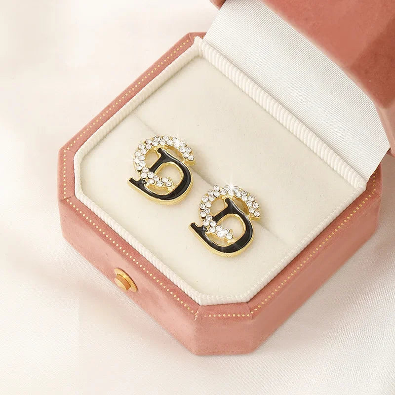 D Gold Plated Zircon Letter Earrings for Women