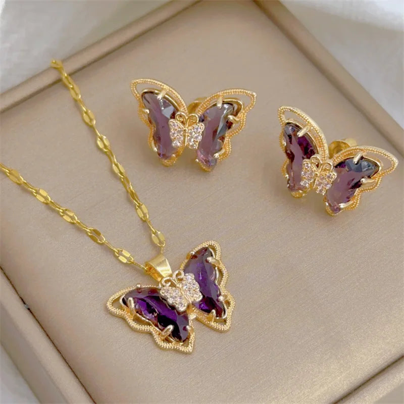 Cute Micro-inlaid Butterfly Necklace Earrings Set Classic